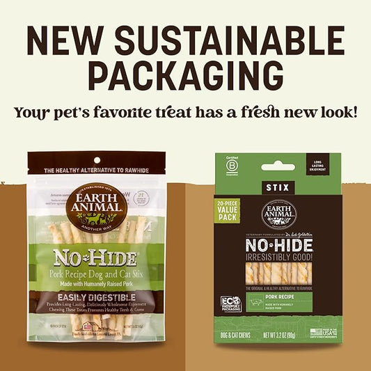 Earth Animal No Hide Stix - Long Lasting Rawhide Free Small Dog Chews Sticks, Pork - 40 Count Extra Value Pack