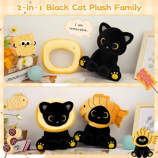 Black Cat Plush - 8inches Cat Stuffed Animal with Removable Toast Bread Hood, Cute Plushie Soft Kitten Doll Toy for Kids Boys Girls, Birthday Gifts