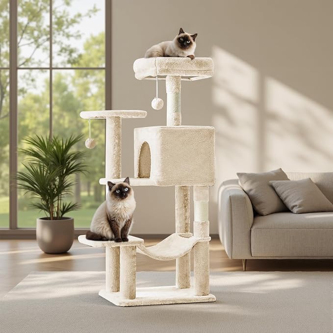 DUMOS Small 44 Inch Cat Tree Tower, Cat Climbing Tower with Natural Sisal Scratching Posts, Hammock, Pet Condo for Indoor Cats and Kittens Play, Beige