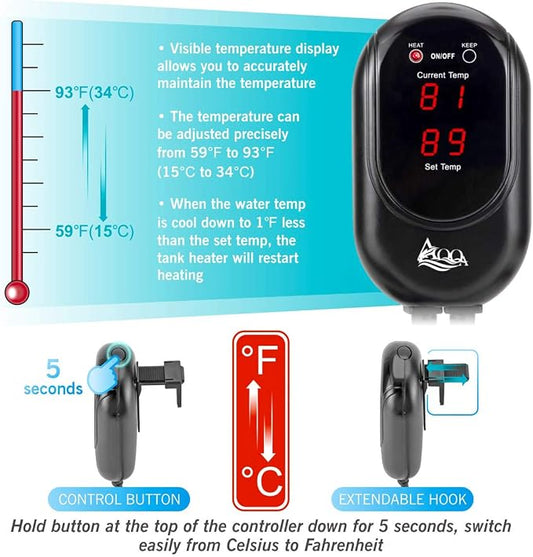 AQQA Fish Tank Heater 100W for 25-35 Gallon Mini Aquarium Heater Quartz Glass Submersible Heater for Aquarium Betta Fish Heater Aquarium Thermostat Heater Freshwater & Saltwater(100W for 25-35 Gal)