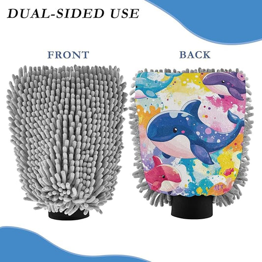Car Wash Mitt Microfiber Wash Mitts for Car Washing Scratch-Free Cleaning Gloves Soft Non Absorbent Chenille Auto Hand Mitt Medium 2Pack Tie Dye Whales and Fishes