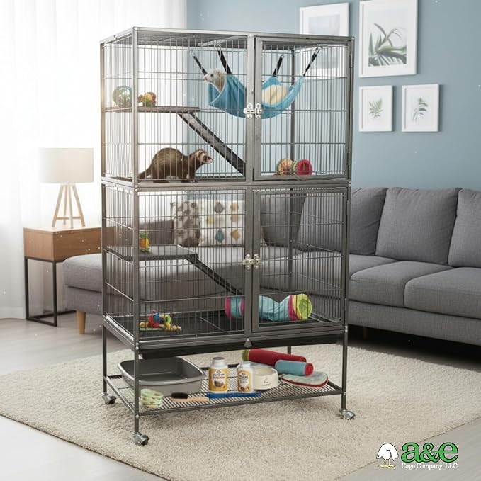 A&E Cage Co AE7004 Ferret Manor Cage – Two Story Ferret Habitat 31"x20"x54" with Platforms, Ramps & Hammock – Rolling Ferret Cage with Storage Shelf & Double Locking Doors