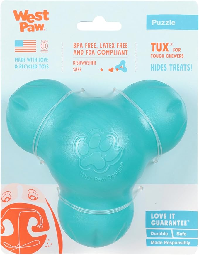 WEST PAW Zogoflex Tux Treat Dispensing Dog Chew Toy – Interactive Chewing Toy for Dogs – Dog Games for Aggressive Chewers, Fetch, Catch – Holds Kibble, Treats, Large 5", Teal