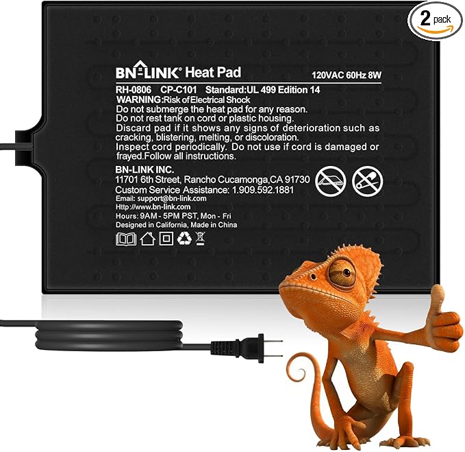 BN-LINK Reptile Heat Pad 6"X8" 8W for 10-20gal Under Tank Terrarium Heating Mat Waterproof for Turtle, Lizard, Frogs, Snake, Hermit Crab 2 Pack