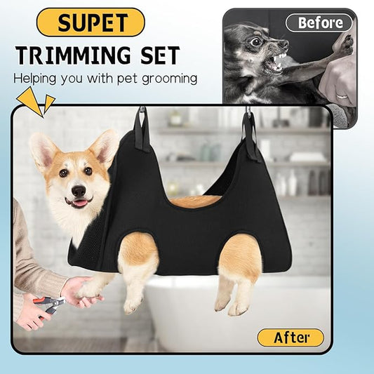 Supet Dog Grooming Hammock Harness for Dogs Cats, Relaxation Pet Nail Clipper Hammock, Restraint Dog & Large Animal Leashes Sling for Groomingk for Nail Trimming (Black, XL)