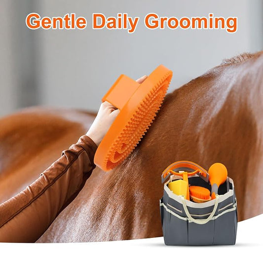 Professional Horse Brush Kit with Storage Tote, 12-Piece Grooming Set for Daily Stable Care, Includes Curry Comb, Hoof Pick & Mane Brush
