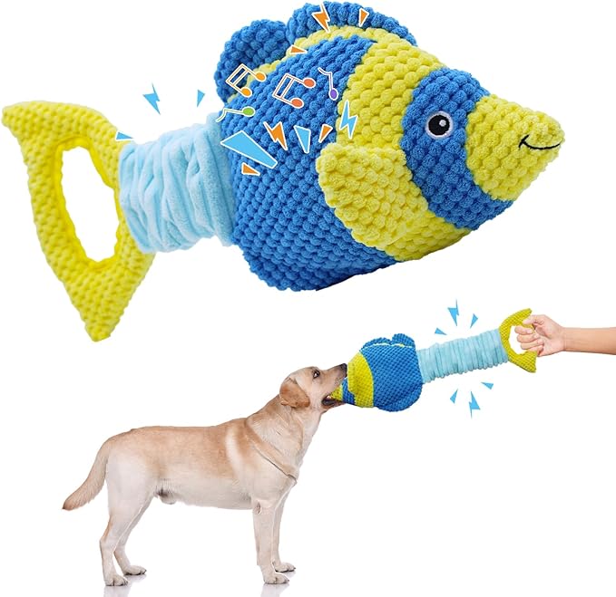 YZHDUXIU Tug of War Dog Toy, Squeaky Dog Toys, Interactive Fish Puppy Toys with Crinkle Paper to Keep Them Busy