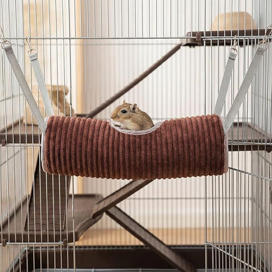 Hanging Ferret Tunnel Hammock, Warm Plush Dwarf Hamster Hideout Bed with Metal Hooks, Washable & Foldable for Hedgehog (Coffee Brown)