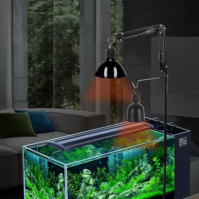 Reptile Heat Lamp Stand Adjustable Height 15.7-65.7 Inch Double Hooks Floor Light Holder with 360° Swing Arm and Phone Bracket for Reptile Glass Terrarium Heating Light, Black