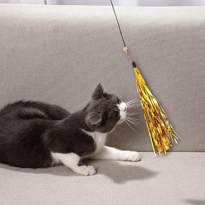 LUOZZY 8 Pcs Cat Teaser Wand Replacement with Bell Metallic Foil Tassel Cat Wand Toys Interactive Catcher Teaser for Pet, Random Color