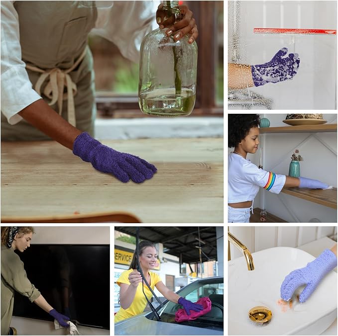 Patelai 2 Pairs Microfiber Gloves for plants Dusting Cleaning Glove Mittens House Cars Blinds Dusting(Dark Purple, Violet,Large)