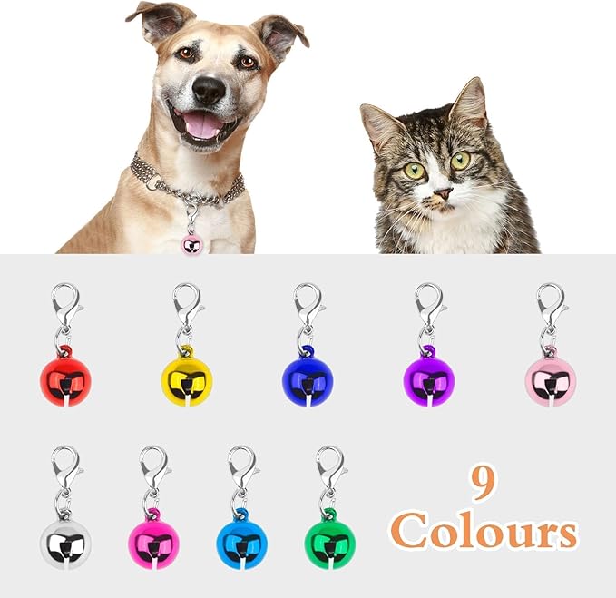 9 Pack Cat Collar Bells, Small Pet Bells for Dog and Cat Collars with Keychains, Louder Crisp Metal Charms for Kitten Tracker Training, Bird Safety Bell 9 Colors Pet Collar Accessories Training Kit