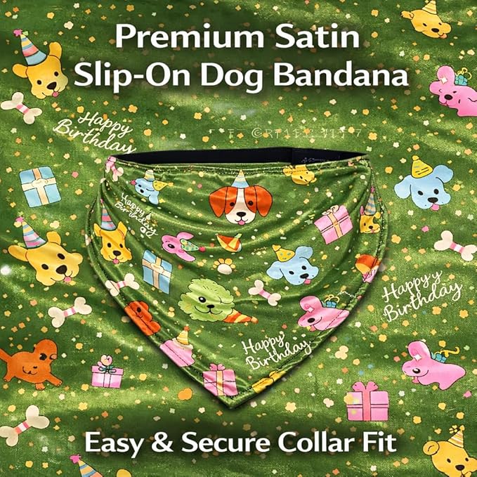 Luxury Satin Dog Bandana – Slip-On Collar Style, Premium Pet Scarf for Medium, Large & XL Dogs – Special Occasion Accessory (Collar Not Included) (Medium - Extra Large, Bday (Green))