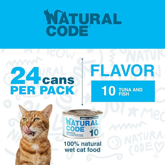 Natural Code - 24 Pack Wet Cat Food, Limited Ingredient Cat Food, High-Protein, Non-GMO, No Artificial Additives, Made in Italy, Tuna and Whitebait in Broth for Adult Cats, 3 oz