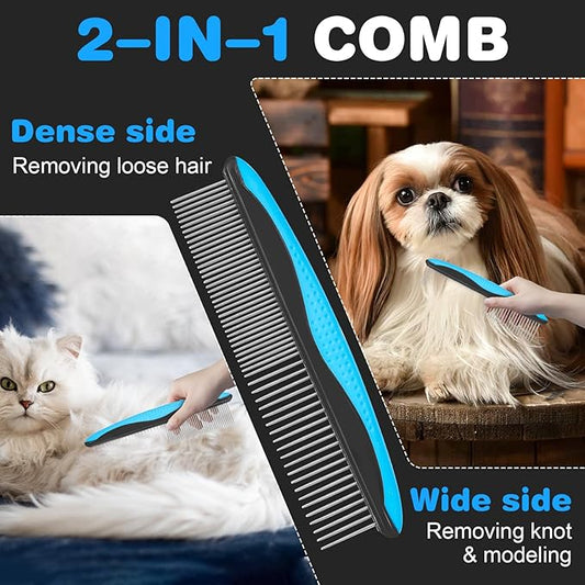 2-in-1 Pet Grooming Kit-Double-Sided Dematting Comb & Flea Comb for Detangling Matted Fur on Dogs/Cats/Rabbits-Effective Cat Brush & Dog Brush for Shedding(Blue