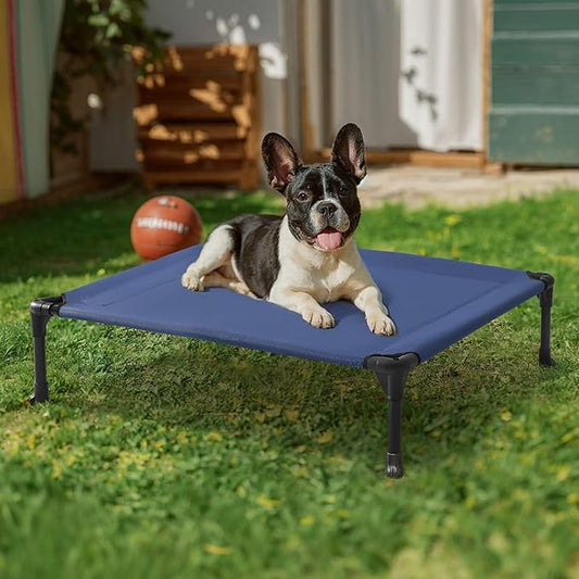Veehoo Outdoor Elevated Dog Bed for Medium Dogs, Cooling Raised Dog Cots Beds Training Platform Off Ground Hammock with Breathable Mesh, No-Slip Feet, 32"x25", Blue