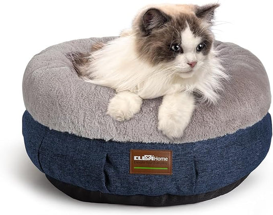 ClevaHome Calming Soft Plush Donut Cat Bed, Fluffy Round Cat Bed for Indoor Cats, Washable Kitten Bed with Plush Faux Fur, Anti-Slip Bottom, Denim Grey