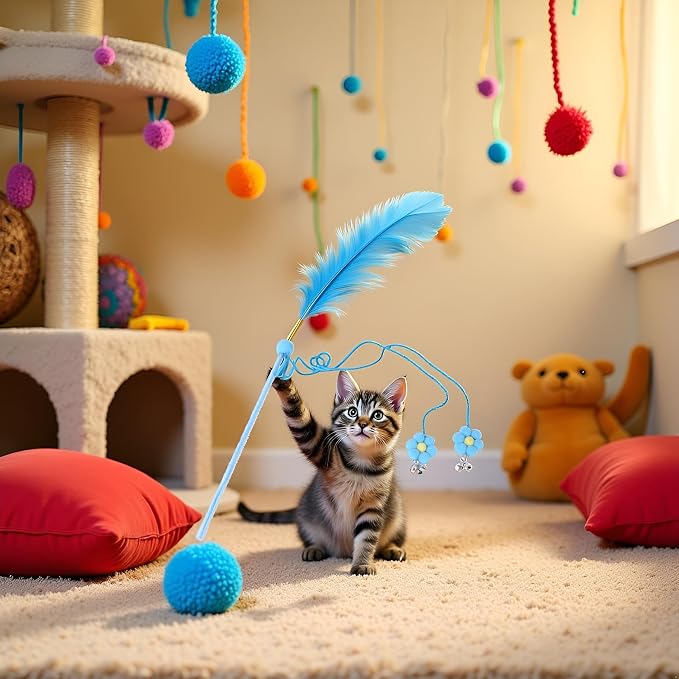 Cat Feather Stick Wand Toy,Cat Toys Teaser Wand with Feather Refills with Bell for Indoor Cats, Cat Toy Wand for Indoor and Kitten(Blue)