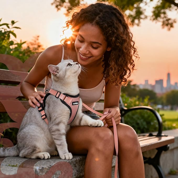 rabbitgoo Cat Harness and Leash for Walking, Escape Proof Soft Adjustable Vest Harnesses for Cats, Easy Control Breathable Reflective Strips Jacket, Light Salmon Pink, XS