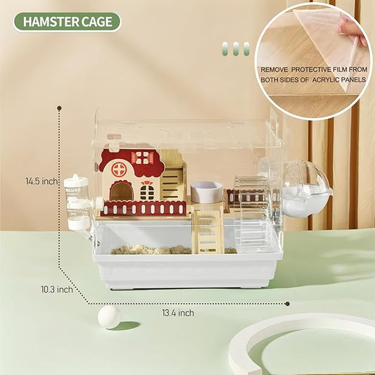 8 in 1 Clear Acrylic Hamster Cage with All Accessories,13.5''L* 10''W* 13''H Dwarf Hamster Cage,Small Hamster Habitat,Garden Style Mouse Cage for Pet Mice,Hamster Enclosure with Stairs(1-Layer,White)