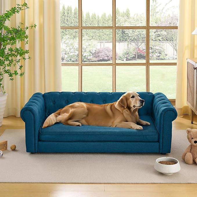 Large Dog Couch, for Large & Extra Large Dogs | Removable & Washable | No Assembly Required | Breathable Linen Fabric | Soft Foam |Floor-friendly sofa legs | Blue