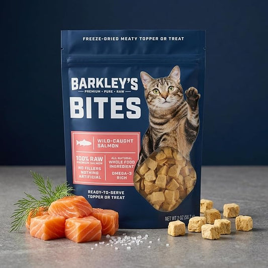 Barkley’s Bag Salmon Bites, Freeze Dried Cat Treats and Food Topper, Made with Wild-Caught Salmon, Bite-Sized Whole Pieces for Training Rewards, for All Cats Breeds, Ages & Sizes, 2 Oz Bag (1 Pack)