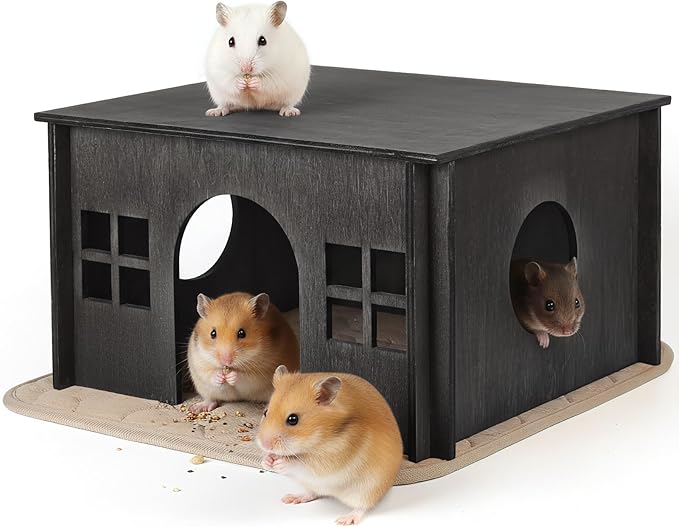 Black Guinea Pig Hideout and Hideouts, Wooden Guinea Pig House with Cushion, Lovely Chinchilla House with Windows, Large Hamster House Hideout for Hamsters Small Bunny Chinchillas Playing Hiding
