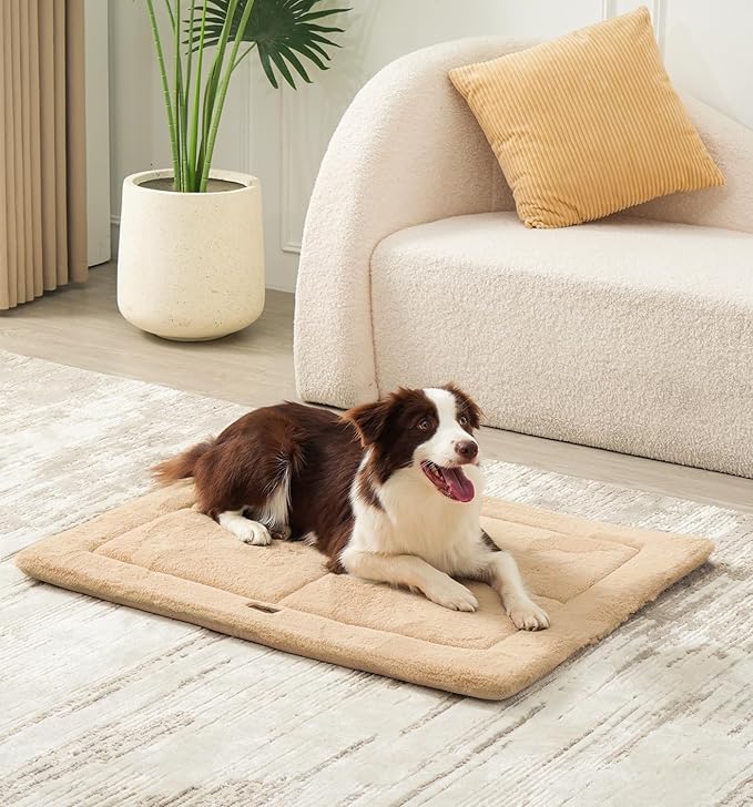 MADE 4 PETS Dog Crate Pad Bed for Medium Large Dogs, Washable & Reversible, Anti-Slip Kennel Mat for Cozy Sleeping, Soft Fluffy Dog Bed for Indoor & Outdoor Use, 35"x23", Khaki