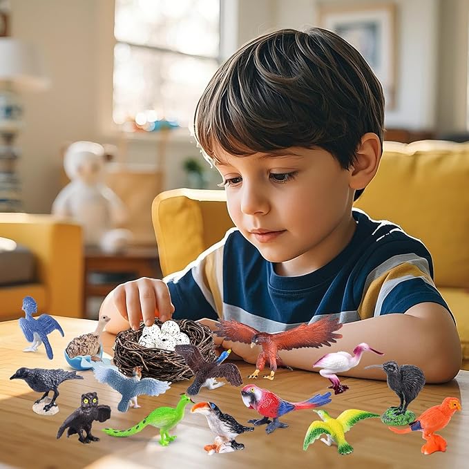 SIENON 23Pcs Realistic Birds Toy Playset, Assorted Wildlife Bird Figures with Nest, Raven, Kiwi, Ostrich, Macaw, Golden Eagle Hawk for Kids Educational Toy Birthday Décor Party Favor School Project