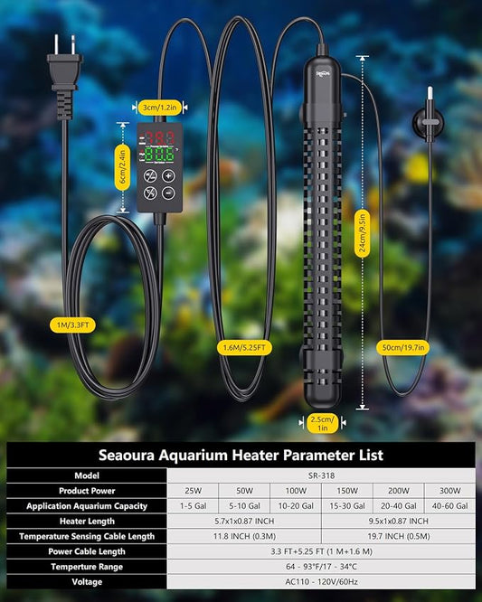 SEAOURA Aquarium Heater, 300W Fish Tank Heater for 40-60 Gallon, Small Submersible Turtle Heater with Adjustable Over-Temperature Protection, Intelligent Controller Auto Power-Off