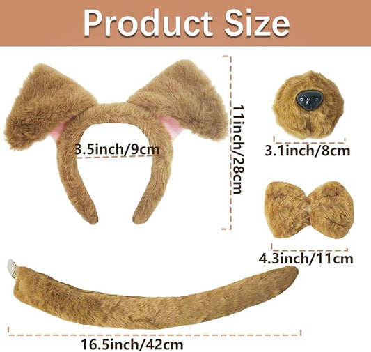 4-Piece Dog Ears and Tail Costume Accessory Set – Includes Brown Plush Dog Ears Headband, Nose, Bow Tie, and Clip-On Tail for Halloween Cosplay, Dress-Up Parties, School Plays, Animal-Themed Events