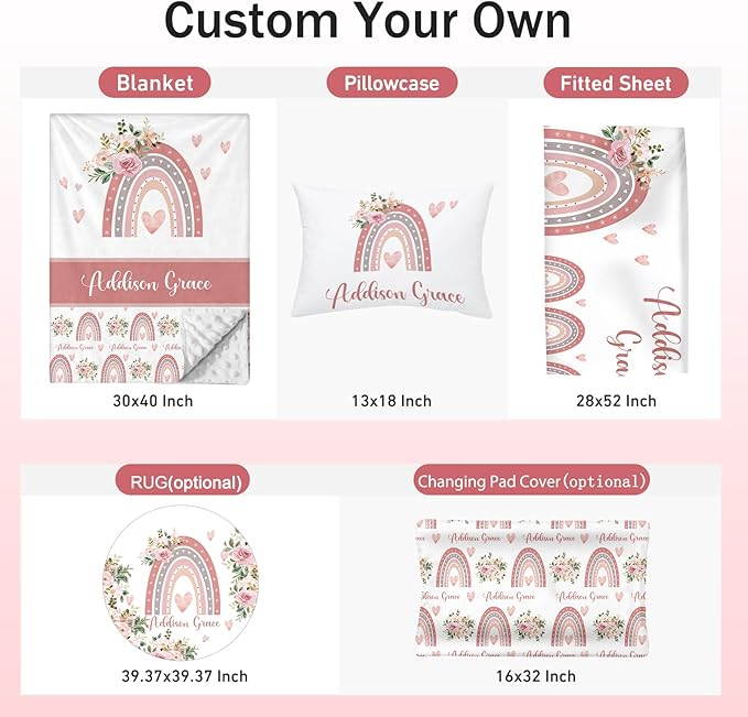 Personalized Crib Bedding Set for Baby Boy Girl, Custom Name Rainbow Design 3 Piece Baby Bedding Set, Including Plush Blanket, Fitted Sheet and Pillowcase for Newborn Nursery Gift