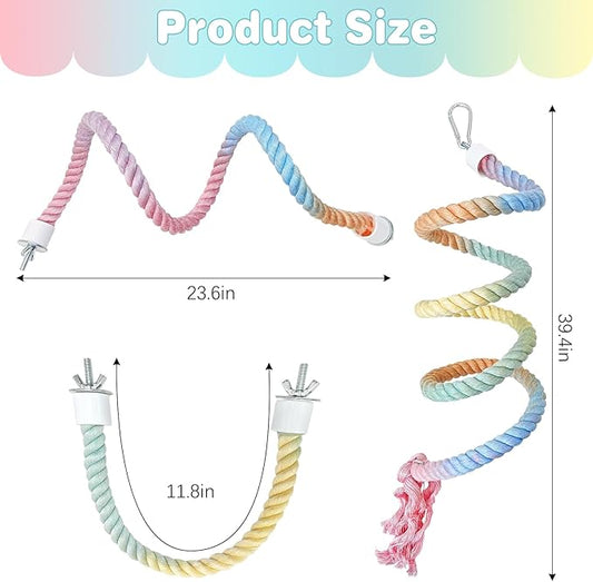 BNOSDM 3 Pcs Bird Rope Perches Gradient Colorful Bendable Climbing Rope Ladders Swings Toy Parakeet Cage Accessories for Parrots, Budgies, Cockatiels, Conures, Lovebirds