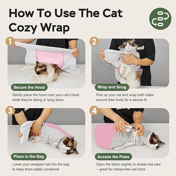 Cat Wrap for Cutting Nails, Self-Adhesive Cat Nail Clipping Restraint Bag, Anti-Scratch Cat Grooming Wrap Swaddle for Meds, SubQ Fluids, Ear Cleaning, Teeth Brushing & Vet Visits,Pink,S