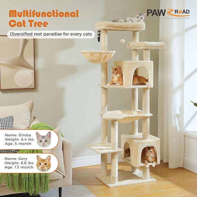 PETEPELA 69" Tall Cat Tree for Indoor Large Cats, Cat Tower for Adult Cats with Big Hammock, Cat Climbing Tree Tower with Scratching Posts, Condo House and Large Top Perch, Beige