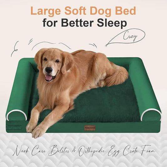 NANUYA Orthopedic Dog Bed for X-Large Dogs, 40 x 32 Inch, Emerald | Egg crate foam for joint support, 3-sided bolster pet sofa, waterproof lining, washable cover, and non-skid base