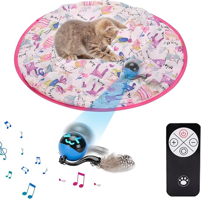 Cat Toy Mat with Moving Toy Under,Remote Control Hide and Seek Rechargeable,Interactive Cat toys Play Mat Rolling Ball Indoor Exercise for Bored and Overweight Cat and Small Dog Entertainment Pink