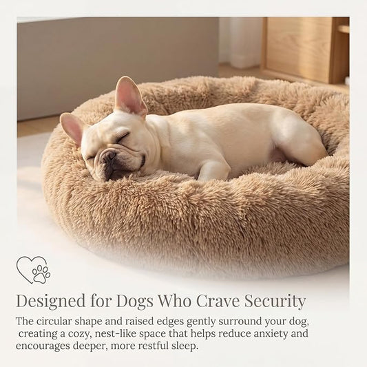 Calming Dog Bed for Medium Dogs Washable Donut 30 inches Anti-Slip Pet Bed,Round Fluffy Plush Faux Fur Cat Bed,Fits up to 45 lbs Pets,Camel