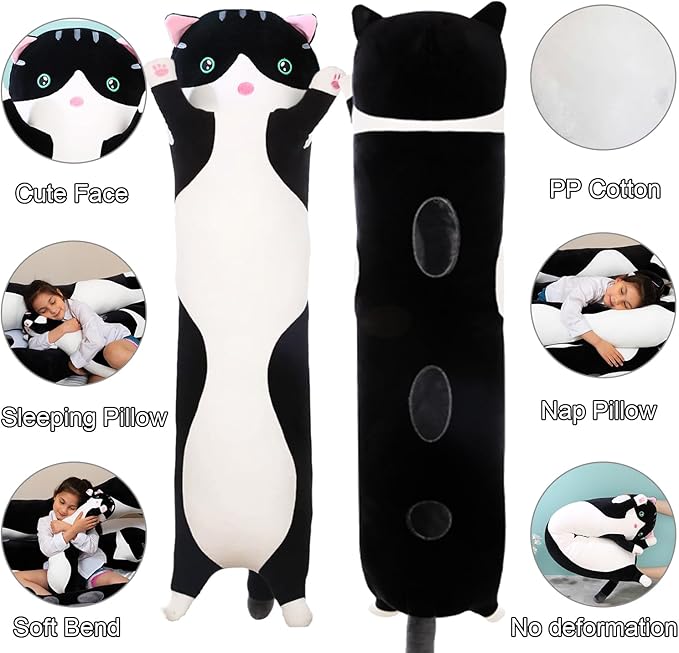 Giant Cat Pillow Plush Cartoon Kitty Sleeping Hugging Pillow, Cuddly Soft Long Kitten Body Pillow Doll Cat Cushion Toy for Kids Girlfriend (Black, 90cm/35.4inch)