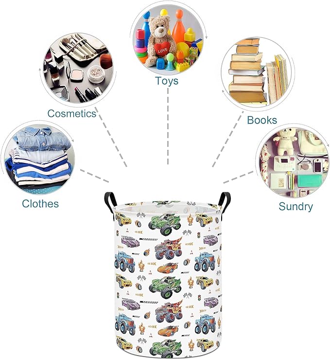 Monster Truck Laundry Hamper Storage Basket, Nursery Hamper Canvas Laundry Basket Foldable with Waterproof PE Coating for Kids, Office, Bedroom, Clothes,Toys(Monster Truck)