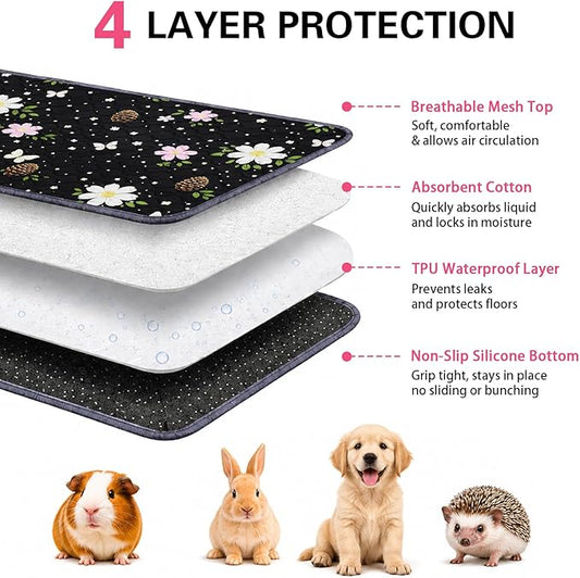 Guinea Pig Cage Liner 2 Pack Super Absorbent Washable Guinea Pig Pee Pads Waterproof Reusable Anti Slip Bedding Pee Pad Mat for Rabbit Bunny Rat Cat (Flowers, 28" x 14" (2 Pack))