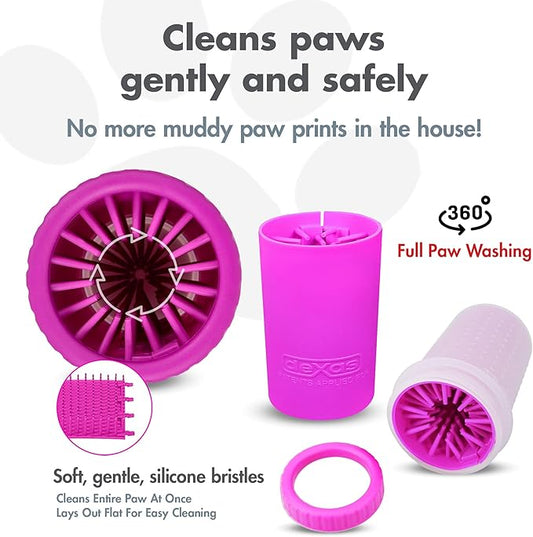 Dexas MudBuster Medium Dog Paw Cleaner in Fuchsia - Fits 1.5"-2.5" Wide Paws, Portable Paw Washer for Muddy Paws, Dog Paw Cleaning Cup with Gentle Silicone Bristles, Quick Clean Pet Paw Washer