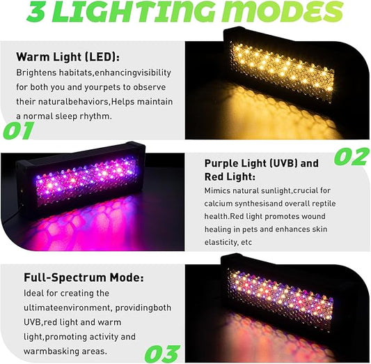 HNRLOY UVB Reptile Light, 9W UVA UVB Dimmable LED Reptile Lamp for Bearded Dragon, Chameleon, Turtles, Gecko, Snake, Lizard, Adjustable 6/10/12H Timer, Dimmable with 3 Lighting Modes