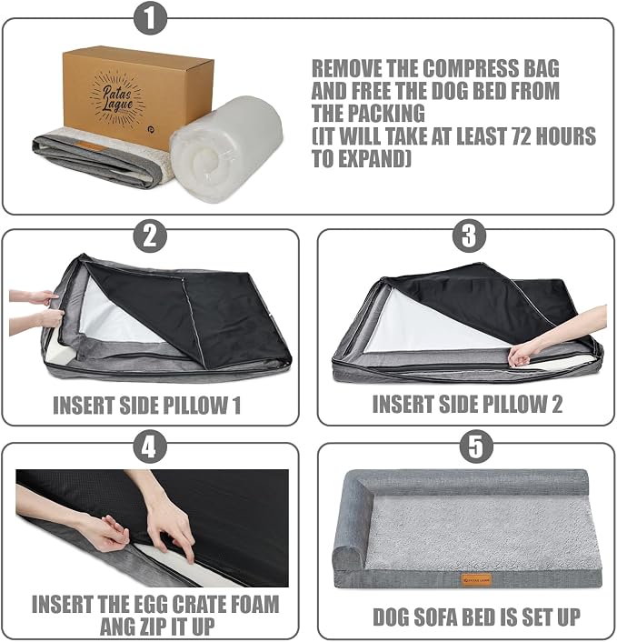 Patas Lague Orthopedic Dog Bed Large Sized Dog 36''X24'', Waterproof L Bolster Medium Pet Sofa Beds with Removable Washable Cover, Soft Pet Couch Crate Mat with Nonskid Bottom, Dark Grey