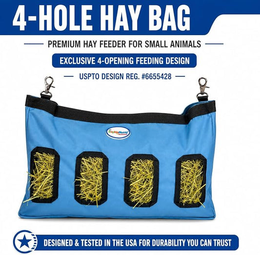 4-Opening Hay Bag for Rabbits, Guinea Pigs & Chinchillas, Hanging Hay Feeder, 18 x 11 x 1.5 in, 1000D Nylon, 6-Month Warranty (Green, 18" x 11" x 1.5")