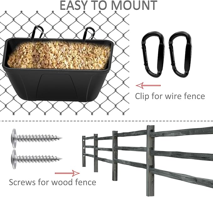 mozoba Hanging Chicken Feeder Trough for Goat Sheep Deer Poultry Duck Chicken Fence Feeder Livestock Feeding Container Goats Supplies Feeders Waterer Bucket (Matte Black)