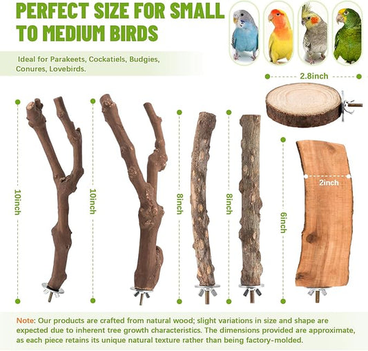 6-Piece Natural Wood Bird Perch Set - Forked Grapevine Branches, Prickly Ash Sticks & Apple Wood Platforms - Habitat Standing Accessories for Parakeets, Cockatiels, Conures, Budgies