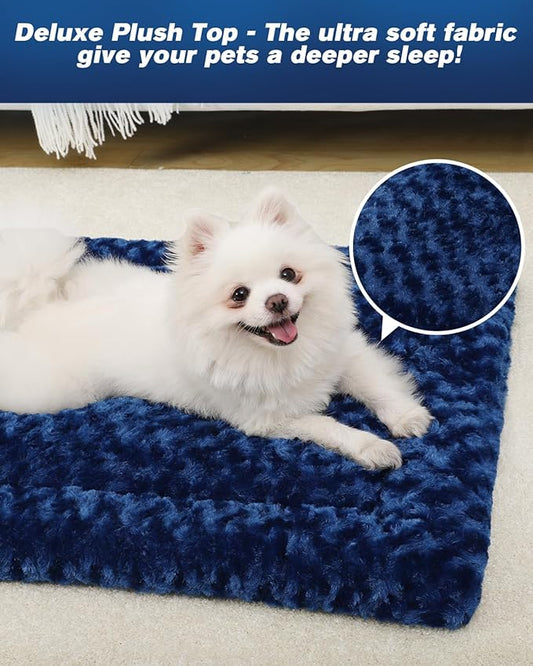 Washable Dog Bed Mat Ultra Soft Dog Crate Pad Comfy Fluffy Pet Kennel Beds Sleeping Mattress for Large Jumbo Medium Small Dogs, 36 x 23 Inch, Blue