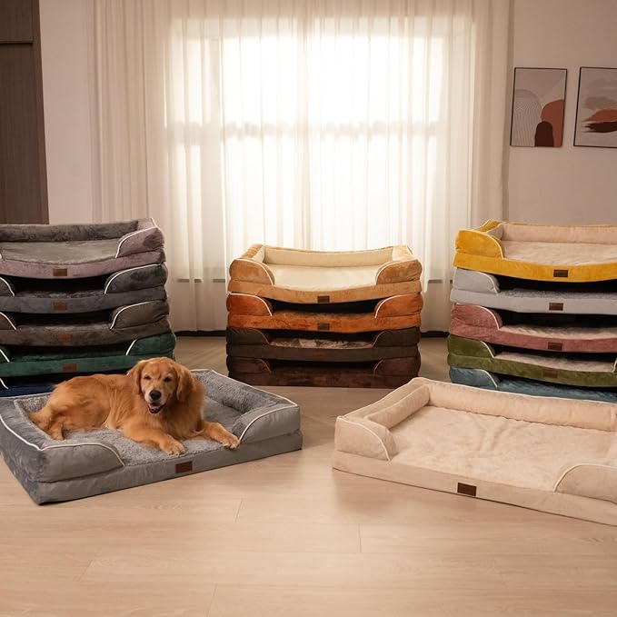 Comfort Expression Orthopedic Dog Bed for Large Dogs 38x25 Inch, Waterproof Egg Crate Foam Large Pet Bed with Removable Bolsters, Dog Couch with Washable Cover & Non-Slip Bottom, Grey White