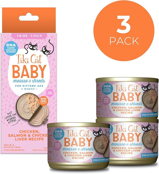 Tiki Cat Baby Wet Food for Kittens Mousse & Shreds, Chicken, Salmon, and Chicken Liver, High-Protein 1.9 oz. Cans (Pack of 3)